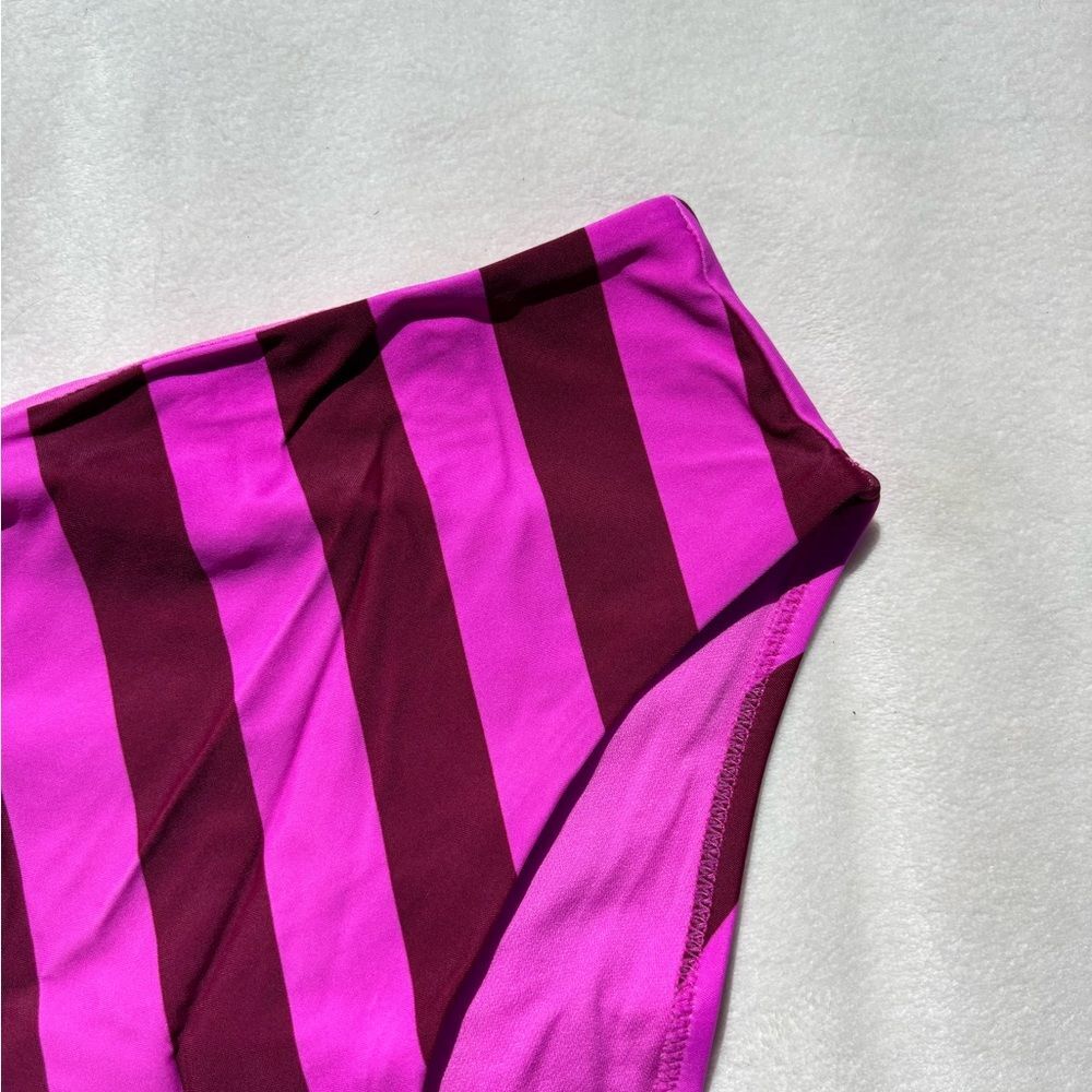 Shade & Shore High-Waist Bikini Bottom in Hot Pink and Burgundy Stripes - Picture 4 of 4